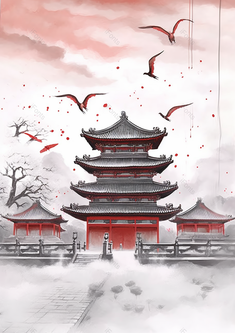 大寒寒冷下雪天城楼古代建筑飞鸟红色古典传统写意背景,插画/手绘图,插画/手绘图库,插画/手绘图下载,插画/手绘